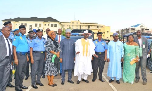 3rd Right: Acting Executive Secretary Nigeria Police Trust Fund, Alhaji Mohammed Yahaya; Inspector General of Police, Alkali Baba Usman; Hon. Minister of Police Affairs, Alhaji Mohammed Dingyadi; Permanent Secretary, Ministry of Police Affairs, Engineer Temitope Fashedemi and other dignitaries at during the commissioning of the newly procured project vehicles